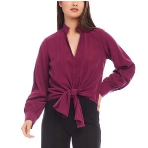 Karen Kane Regal Girl Tie Front Top Wine Purple Mandarin Collar 3L21506 SMALL